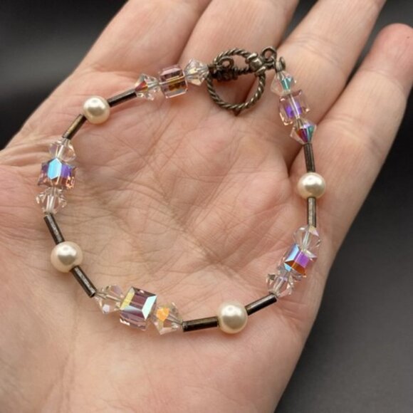 Vtg  Bracelet Sterling Silver Crystal Clear AB Pink Cube Bicone Faux Pearl  7" - Picture 7 of 8
